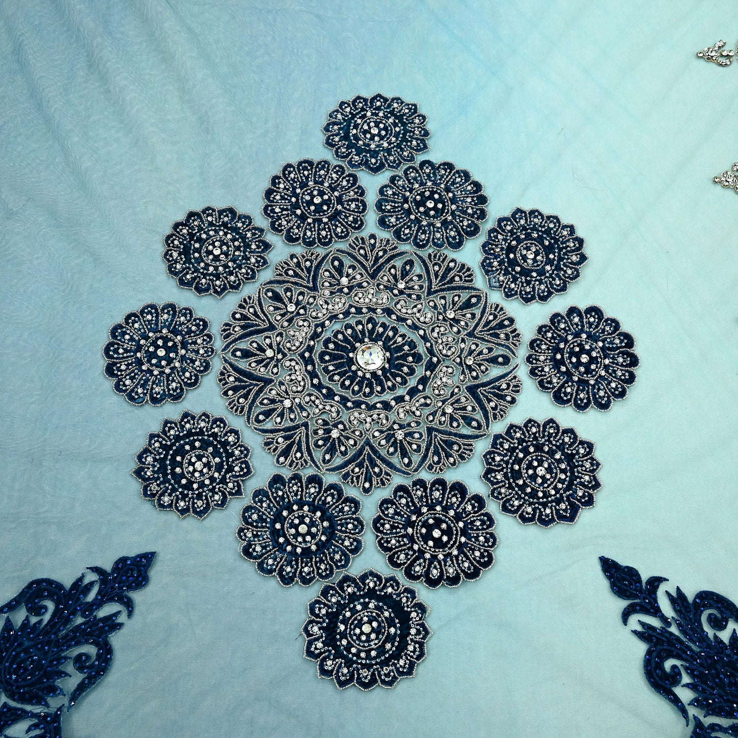 Indian Vintage Heavy Sari Blue Net/Mesh Hand Embroidered Sarees Craft Fabric 6Yd Sewing Soft Zardozi Wedding sarees With Blouse fabric