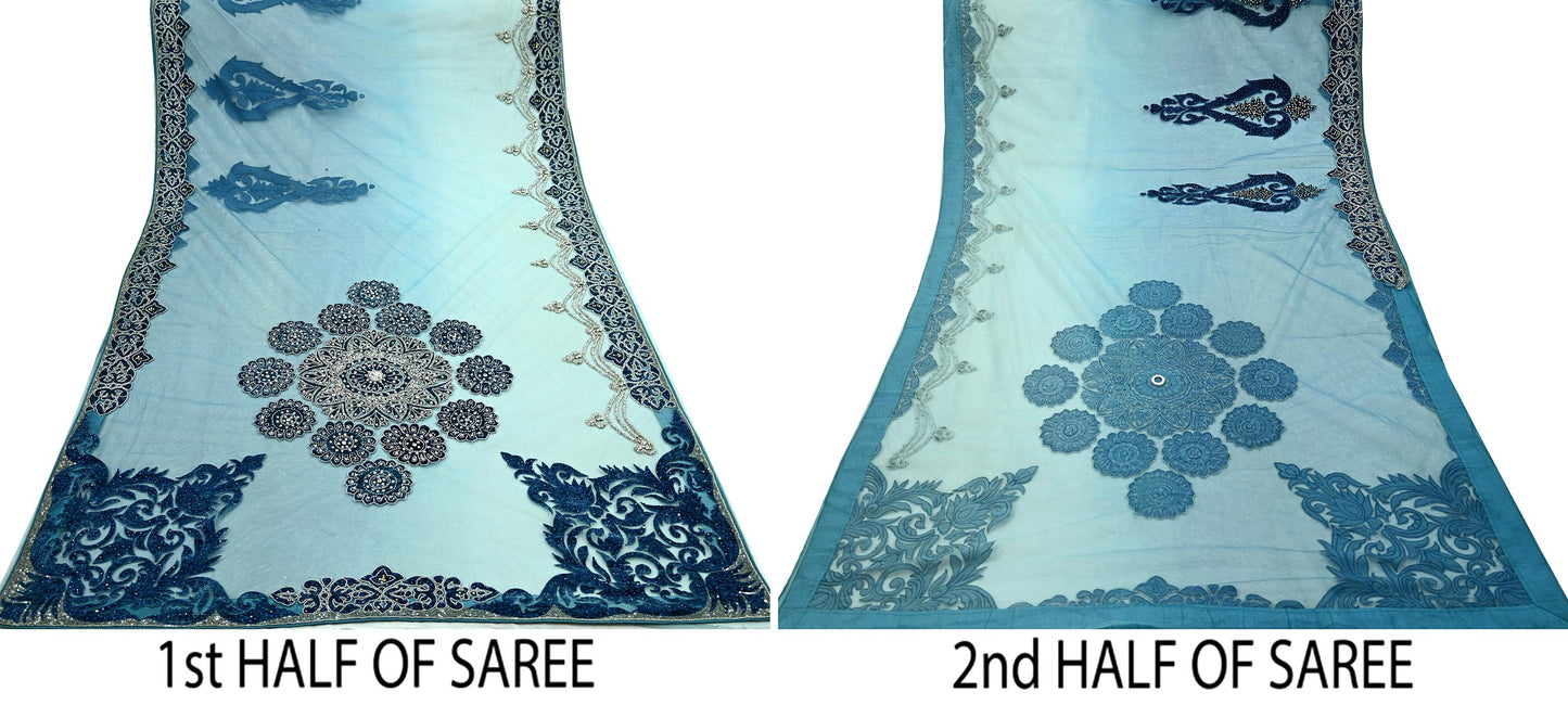 Indian Vintage Heavy Sari Blue Net/Mesh Hand Embroidered Sarees Craft Fabric 6Yd Sewing Soft Zardozi Wedding sarees With Blouse fabric