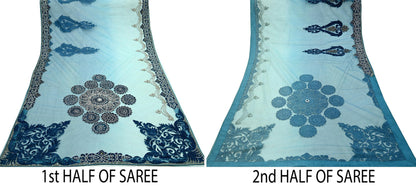 Indian Vintage Heavy Sari Blue Net/Mesh Hand Embroidered Sarees Craft Fabric 6Yd Sewing Soft Zardozi Wedding sarees With Blouse fabric