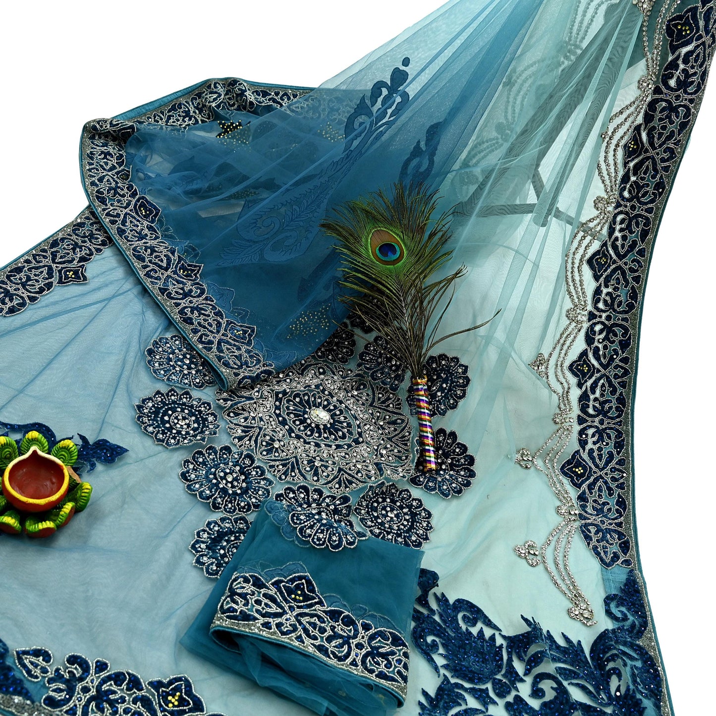 Indian Vintage Heavy Sari Blue Net/Mesh Hand Embroidered Sarees Craft Fabric 6Yd Sewing Soft Zardozi Wedding sarees With Blouse fabric