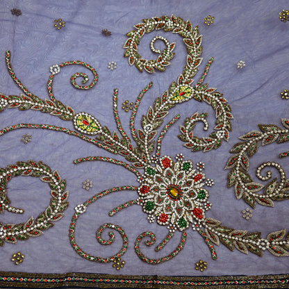 Indian Vintage Heavy Sari Purple Net/Mesh Hand Embroidered Sarees Craft Fabric 5Yd Sewing Soft Zardozi Wedding sarees With Blouse fabric