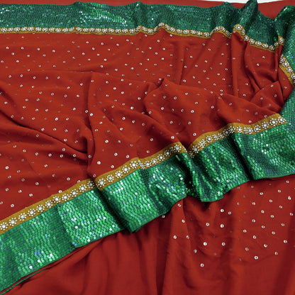 Indian Vintage Heavy Sarees Orange Pure Georgette Silk Hand Embroidered Sari Fabric 5Yd Sewing Ethnic Sequins Wedding sarees