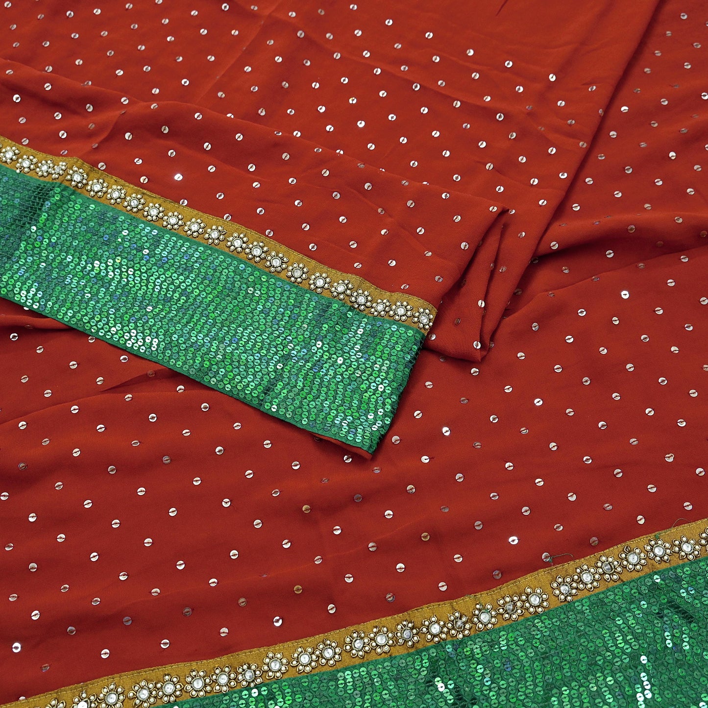 Indian Vintage Heavy Sarees Orange Pure Georgette Silk Hand Embroidered Sari Fabric 5Yd Sewing Ethnic Sequins Wedding sarees