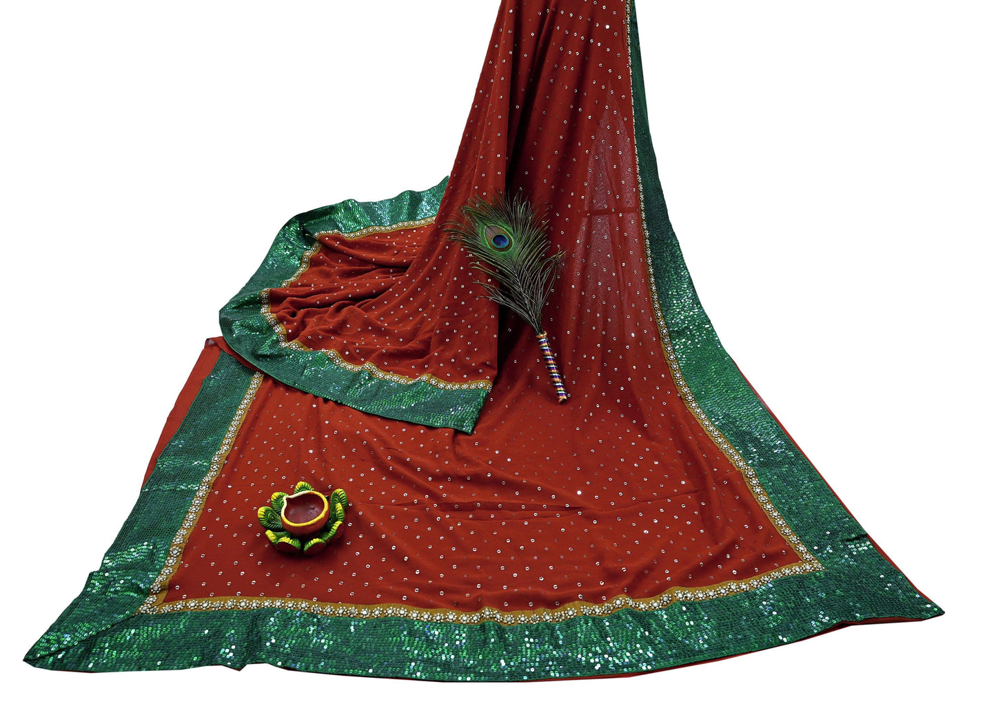 Indian Vintage Heavy Sarees Orange Pure Georgette Silk Hand Embroidered Sari Fabric 5Yd Sewing Ethnic Sequins Wedding sarees