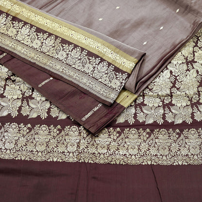 Indian Vintage Sari Brown Heavy Wedding Pure Satin Silk Woven Banarasi Brocade Saree Zari 5Yd Craft Fabric Ethnic Dress making Crafting