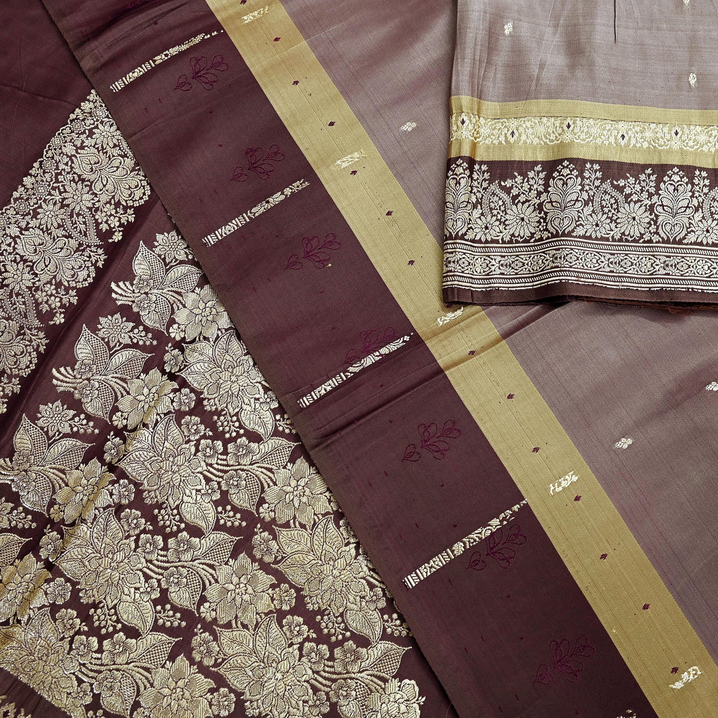 Indian Vintage Sari Brown Heavy Wedding Pure Satin Silk Woven Banarasi Brocade Saree Zari 5Yd Craft Fabric Ethnic Dress making Crafting