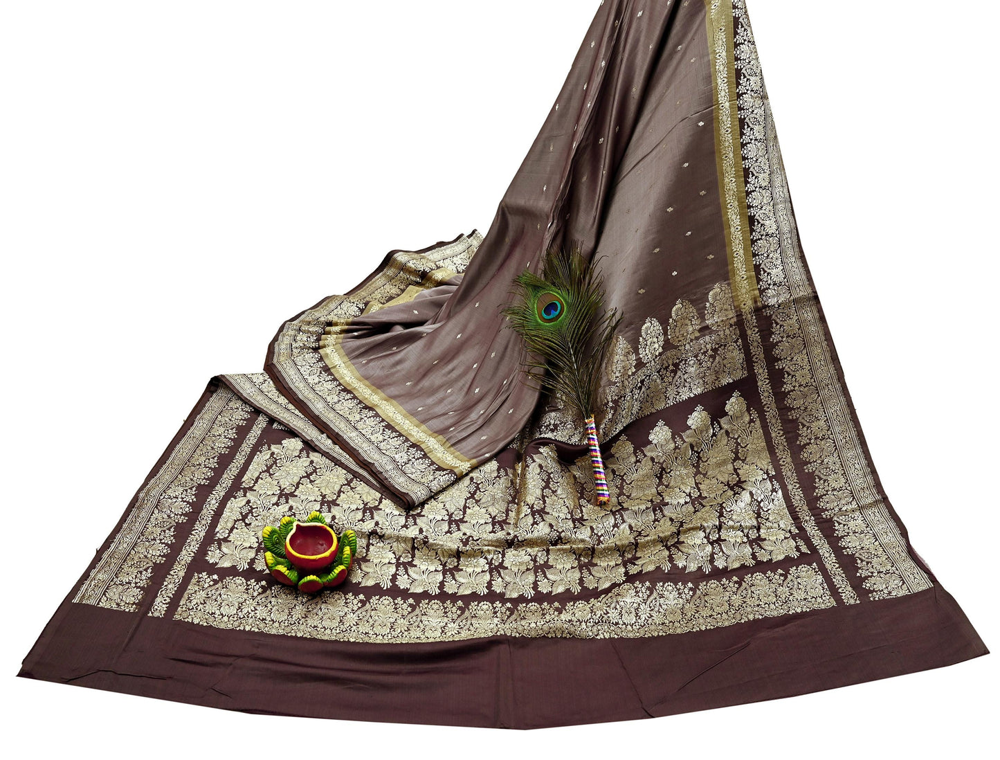Indian Vintage Sari Brown Heavy Wedding Pure Satin Silk Woven Banarasi Brocade Saree Zari 5Yd Craft Fabric Ethnic Dress making Crafting
