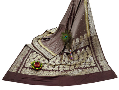 Indian Vintage Sari Brown Heavy Wedding Pure Satin Silk Woven Banarasi Brocade Saree Zari 5Yd Craft Fabric Ethnic Dress making Crafting