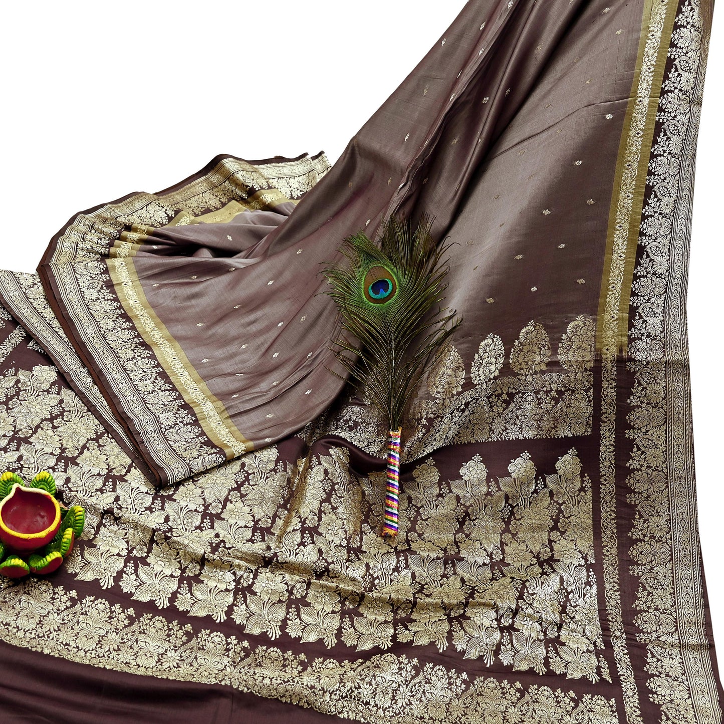 Indian Vintage Sari Brown Heavy Wedding Pure Satin Silk Woven Banarasi Brocade Saree Zari 5Yd Craft Fabric Ethnic Dress making Crafting