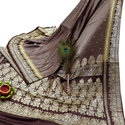 Indian Vintage Sari Brown Heavy Wedding Pure Satin Silk Woven Banarasi Brocade Saree Zari 5Yd Craft Fabric Ethnic Dress making Crafting