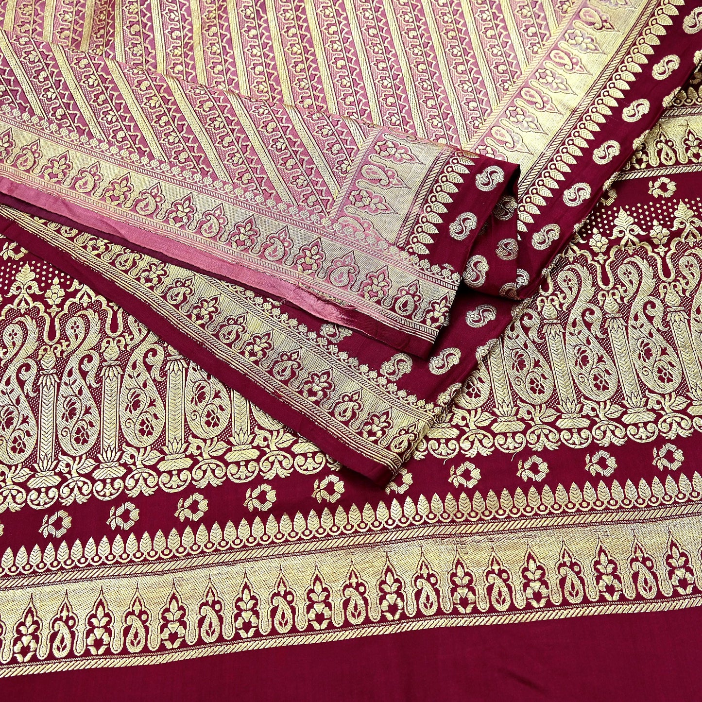 Indian Vintage Sari Maroon Heavy Wedding  Pure Satin Silk Woven Banarasi Brocade Sarees Zari 5Yd Dress making Crafting Quilting