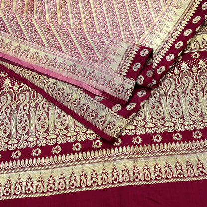 Indian Vintage Sari Maroon Heavy Wedding  Pure Satin Silk Woven Banarasi Brocade Sarees Zari 5Yd Dress making Crafting Quilting