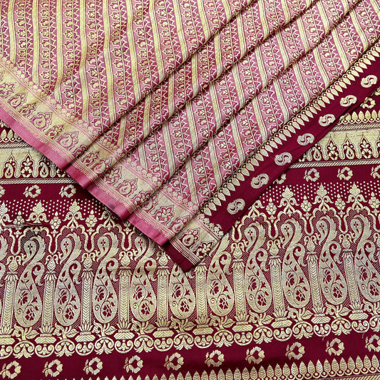 Indian Vintage Sari Maroon Heavy Wedding  Pure Satin Silk Woven Banarasi Brocade Sarees Zari 5Yd Dress making Crafting Quilting