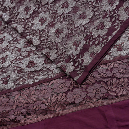 Indian Vintage Maroon Saree Net/Mesh Hand Embroidered Sari Craft Fabric Floral 6Yd Sewing Dress making Crafting Quilting Upcycle