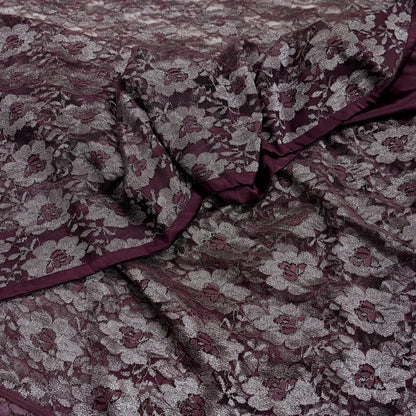 Indian Vintage Maroon Saree Net/Mesh Hand Embroidered Sari Craft Fabric Floral 6Yd Sewing Dress making Crafting Quilting Upcycle