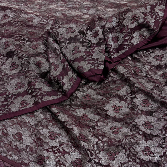 Indian Vintage Maroon Saree Net/Mesh Hand Embroidered Sari Craft Fabric Floral 6Yd Sewing Dress making Crafting Quilting Upcycle