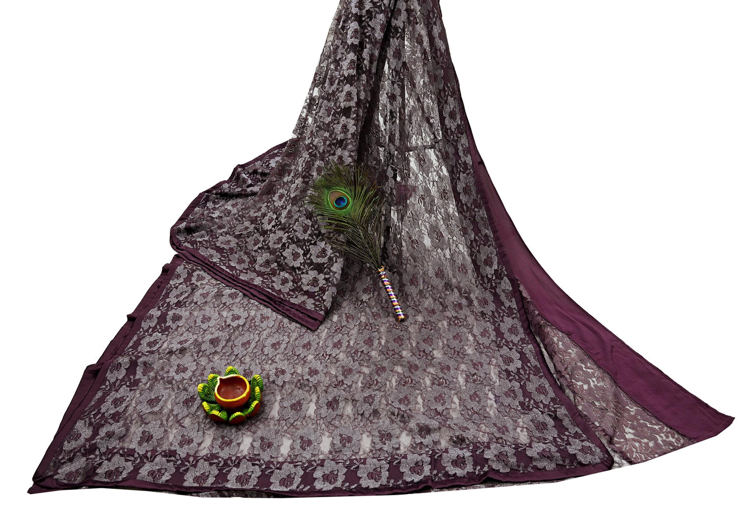 Indian Vintage Maroon Saree Net/Mesh Hand Embroidered Sari Craft Fabric Floral 6Yd Sewing Dress making Crafting Quilting Upcycle