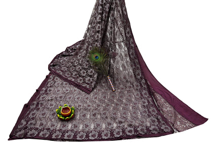 Indian Vintage Maroon Saree Net/Mesh Hand Embroidered Sari Craft Fabric Floral 6Yd Sewing Dress making Crafting Quilting Upcycle