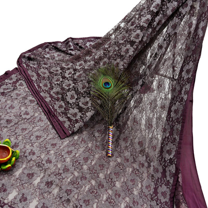 Indian Vintage Maroon Saree Net/Mesh Hand Embroidered Sari Craft Fabric Floral 6Yd Sewing Dress making Crafting Quilting Upcycle
