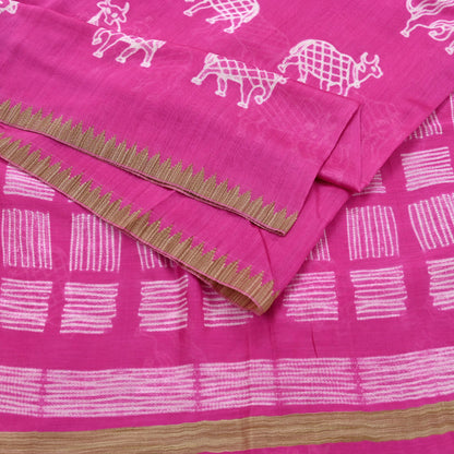 Indian Vintage Sari Magenta Pure chanderi Silk Block Printed Sarees Fabric 6Yard Soft Zari Border Floral Dress making bollywood silk sarees