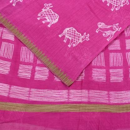 Indian Vintage Sari Magenta Pure chanderi Silk Block Printed Sarees Fabric 6Yard Soft Zari Border Floral Dress making bollywood silk sarees