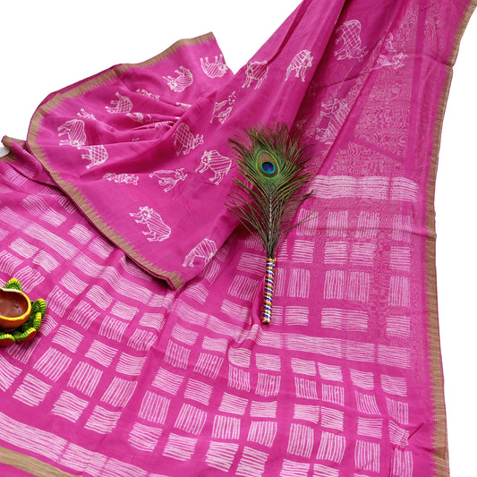 Indian Vintage Sari Magenta Pure chanderi Silk Block Printed Sarees Fabric 6Yard Soft Zari Border Floral Dress making bollywood silk sarees