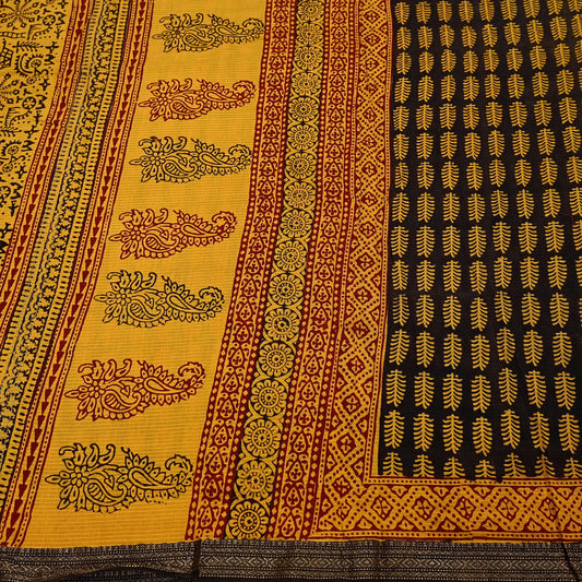 Indian Vintage Brown Block Printed Pure Chanderi Silk Saree Floral & Zari Border 6 Yards Soft Craft Fabric for Upcycling, Dressmaking,