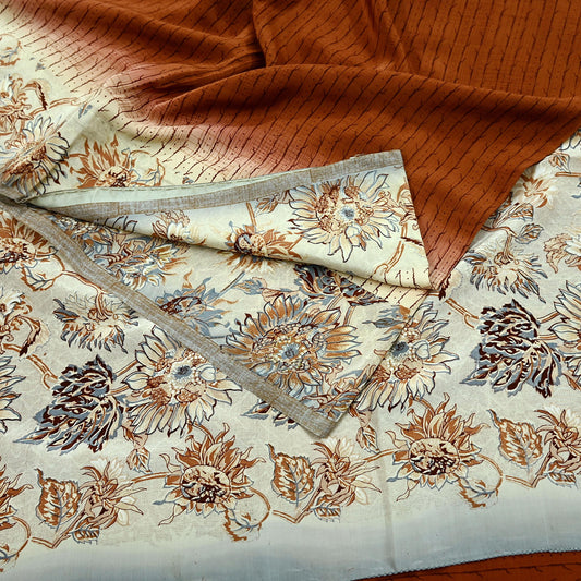 Indian Vintage Rusty & Ivory Saree Pure Crepe Silk Printed Sari 5yd Sewing Floral Soft Craft Fabric Wrap Dress Making Crafting Quilting