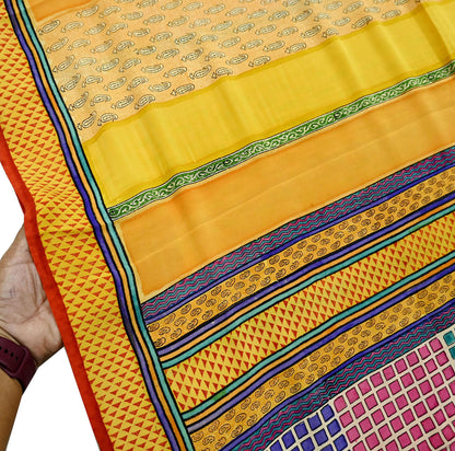 Indian Vintage Sari Multi & Saffron Pure Crepe Silk Printed Saree 6yard Sewing Floral Craft Fabric Wrap Dress Making Crafting Quilting