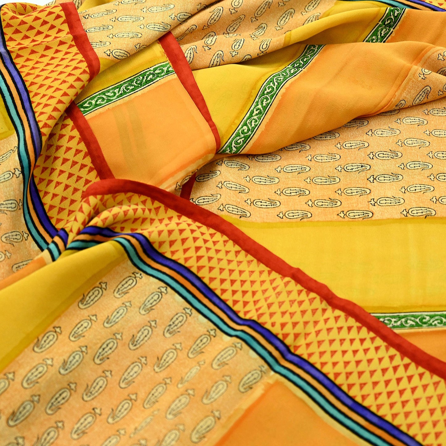Indian Vintage Sari Multi & Saffron Pure Crepe Silk Printed Saree 6yard Sewing Floral Craft Fabric Wrap Dress Making Crafting Quilting