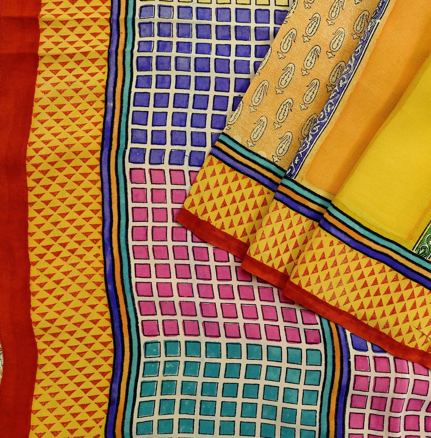 Indian Vintage Sari Multi & Saffron Pure Crepe Silk Printed Saree 6yard Sewing Floral Craft Fabric Wrap Dress Making Crafting Quilting