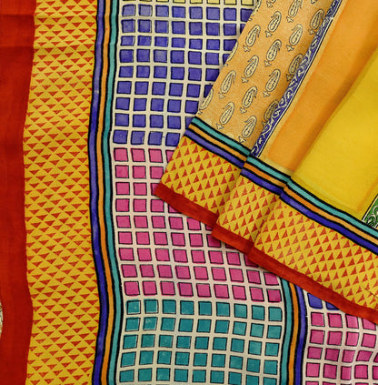 Indian Vintage Sari Multi & Saffron Pure Crepe Silk Printed Saree 6yard Sewing Floral Craft Fabric Wrap Dress Making Crafting Quilting
