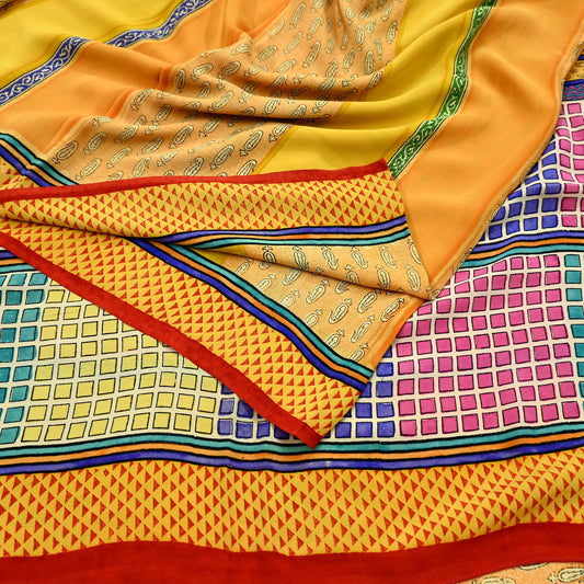 Indian Vintage Sari Multi & Saffron Pure Crepe Silk Printed Saree 6yard Sewing Floral Craft Fabric Wrap Dress Making Crafting Quilting