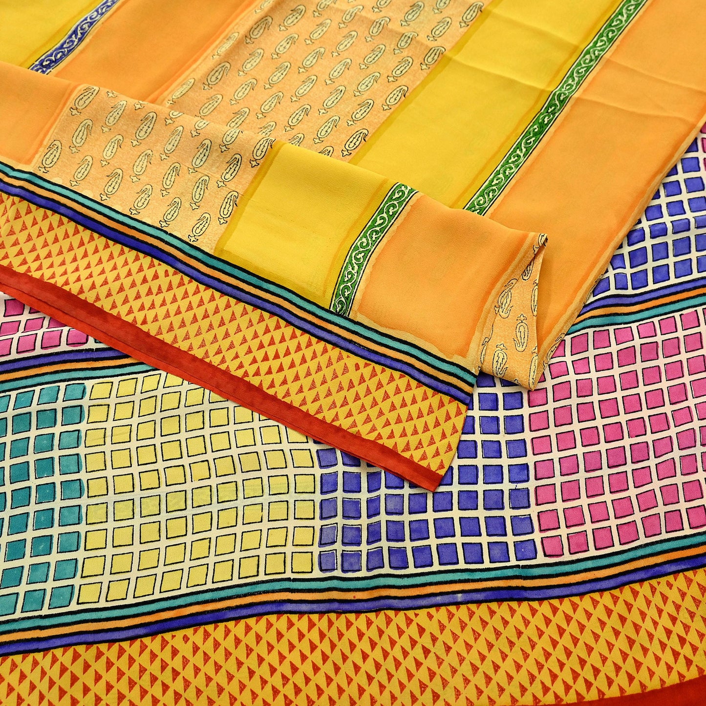 Indian Vintage Sari Multi & Saffron Pure Crepe Silk Printed Saree 6yard Sewing Floral Craft Fabric Wrap Dress Making Crafting Quilting