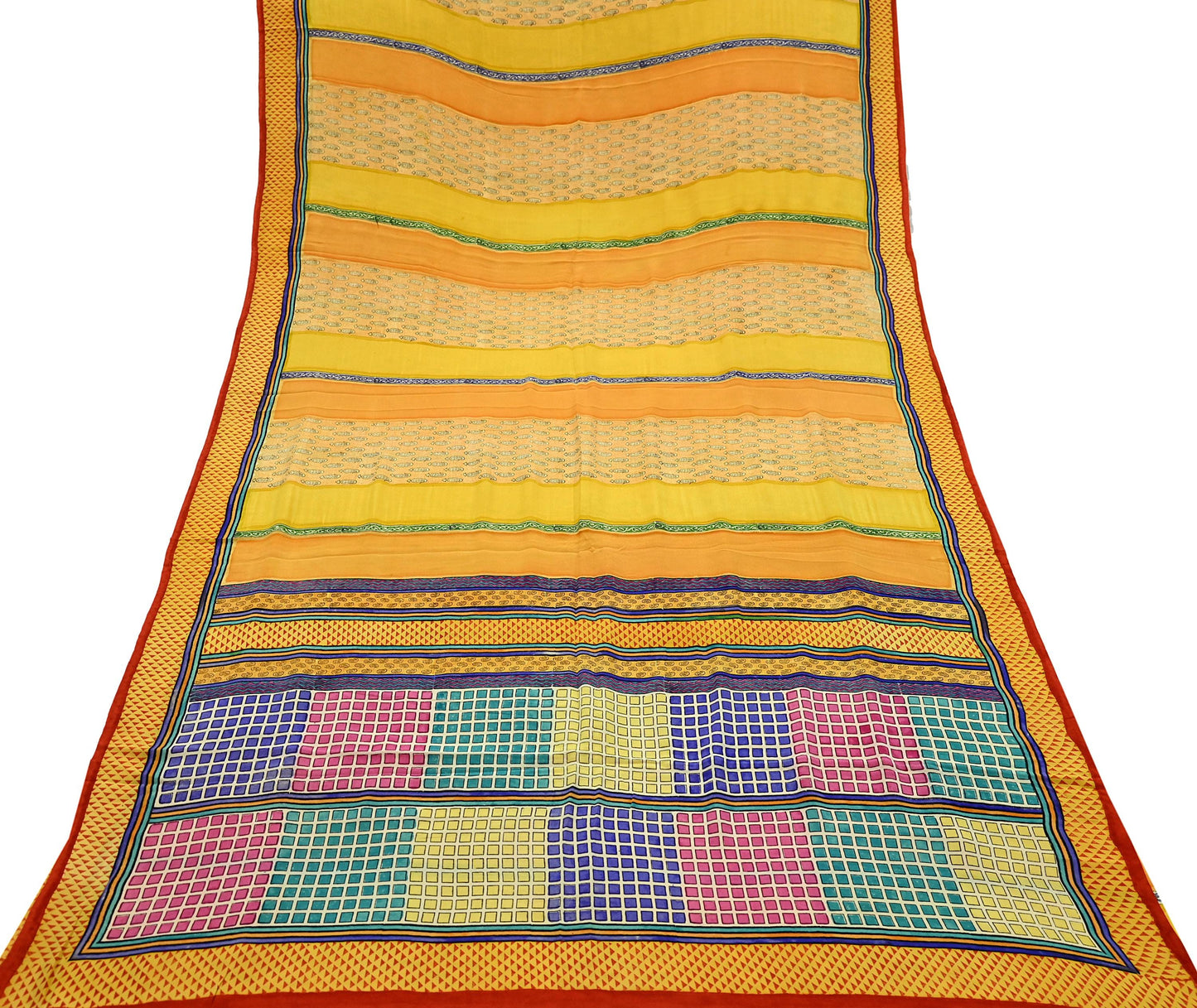 Indian Vintage Sari Multi & Saffron Pure Crepe Silk Printed Saree 6yard Sewing Floral Craft Fabric Wrap Dress Making Crafting Quilting