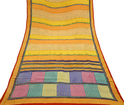 Indian Vintage Sari Multi & Saffron Pure Crepe Silk Printed Saree 6yard Sewing Floral Craft Fabric Wrap Dress Making Crafting Quilting