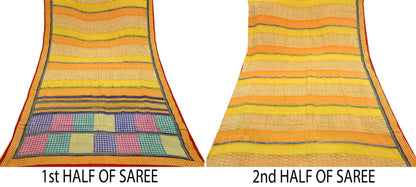Indian Vintage Sari Multi & Saffron Pure Crepe Silk Printed Saree 6yard Sewing Floral Craft Fabric Wrap Dress Making Crafting Quilting