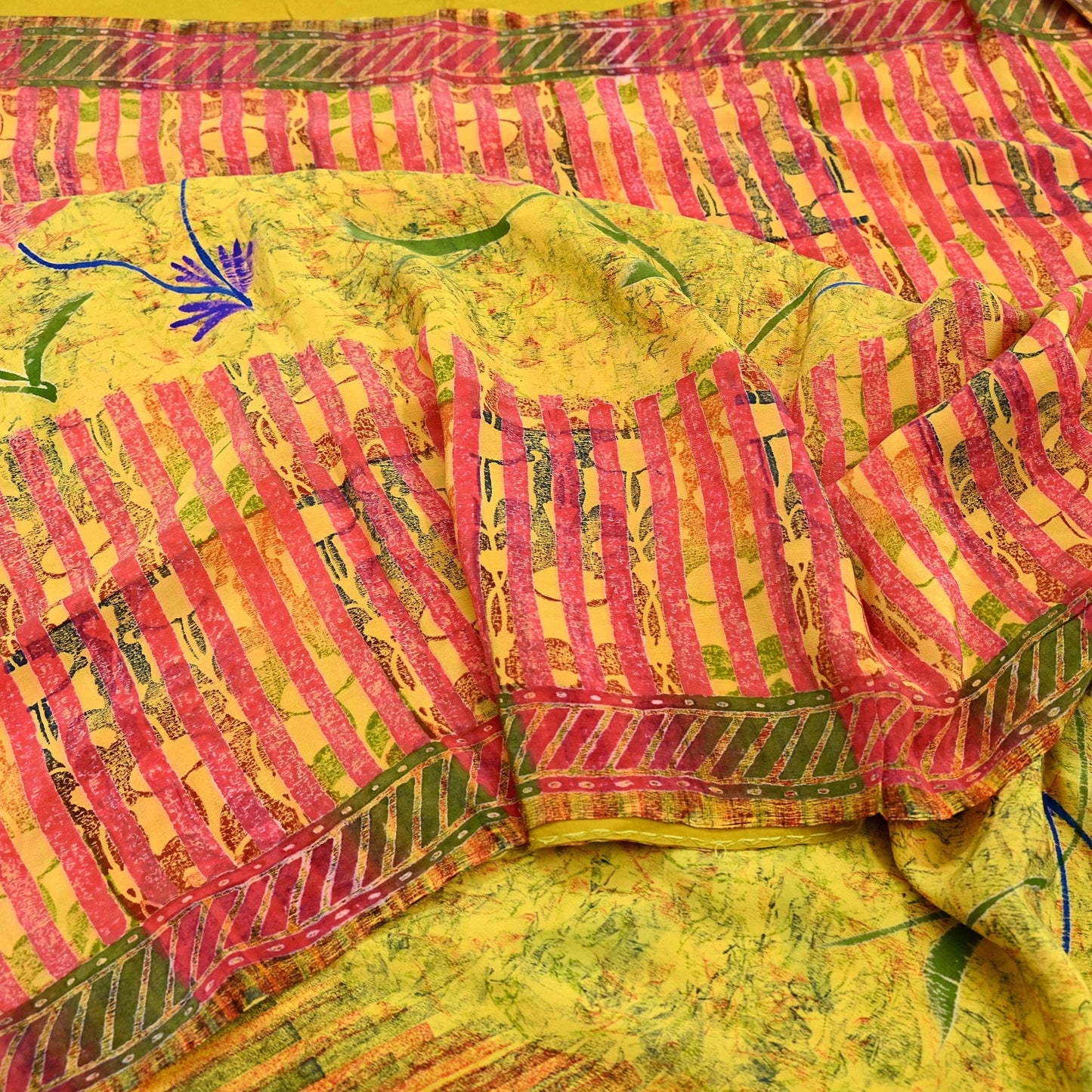 Indian Vintage Saree Yellow Pure Crepe Silk Printed Sari Fabric 5yd Sewing Floral Soft Craft Fabric Wrap Dress making Quilting Upcycle