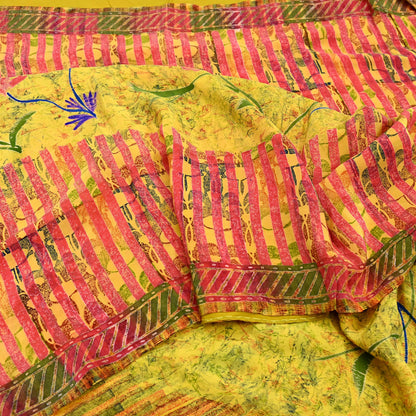 Indian Vintage Saree Yellow Pure Crepe Silk Printed Sari Fabric 5yd Sewing Floral Soft Craft Fabric Wrap Dress making Quilting Upcycle