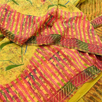 Indian Vintage Saree Yellow Pure Crepe Silk Printed Sari Fabric 5yd Sewing Floral Soft Craft Fabric Wrap Dress making Quilting Upcycle