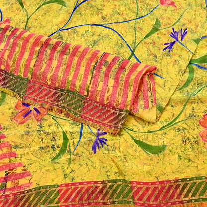 Indian Vintage Saree Yellow Pure Crepe Silk Printed Sari Fabric 5yd Sewing Floral Soft Craft Fabric Wrap Dress making Quilting Upcycle