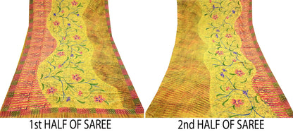 Indian Vintage Saree Yellow Pure Crepe Silk Printed Sari Fabric 5yd Sewing Floral Soft Craft Fabric Wrap Dress making Quilting Upcycle