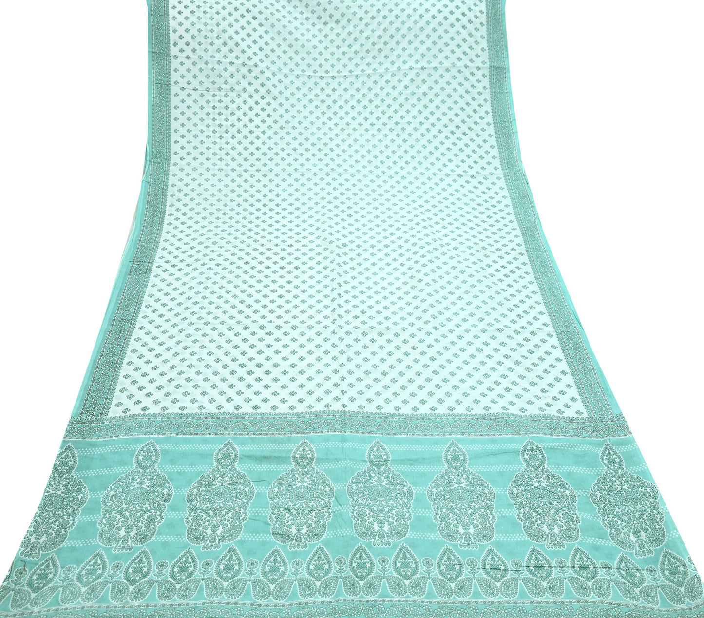 Vintage Floral Print Cotton Sari - Green & White Indian Fabric 5Yd