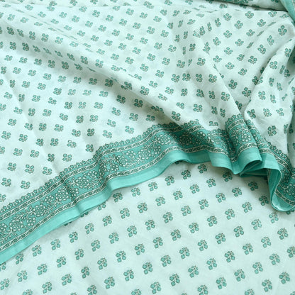 Vintage Floral Print Cotton Sari - Green & White Indian Fabric 5Yd
