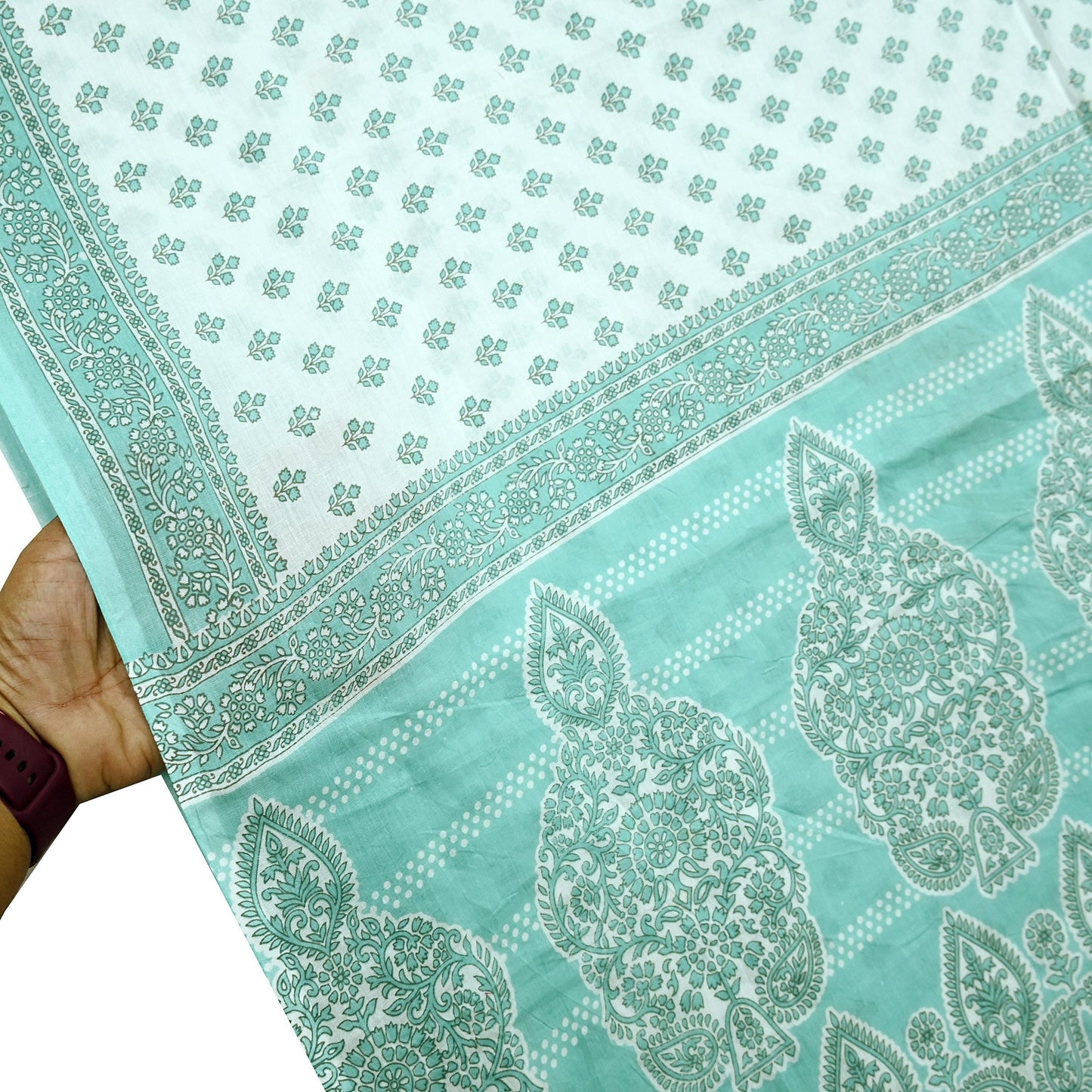 Vintage Floral Print Cotton Sari - Green & White Indian Fabric 5Yd