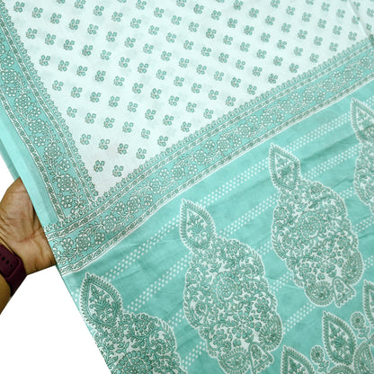 Vintage Floral Print Cotton Sari - Green & White Indian Fabric 5Yd