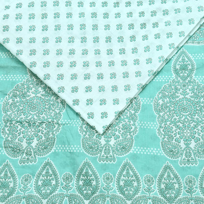 Vintage Floral Print Cotton Sari - Green & White Indian Fabric 5Yd