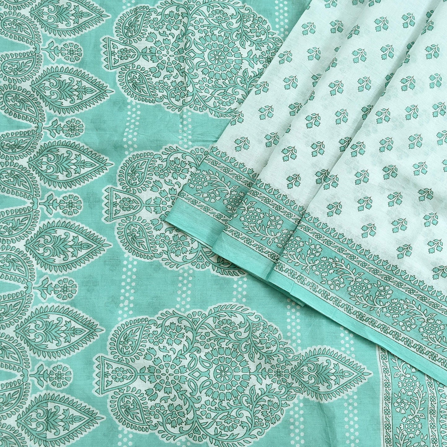 Vintage Floral Print Cotton Sari - Green & White Indian Fabric 5Yd
