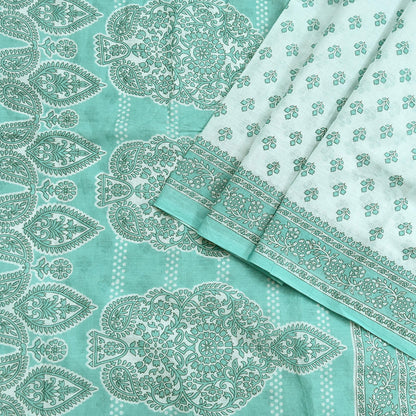 Vintage Floral Print Cotton Sari - Green & White Indian Fabric 5Yd
