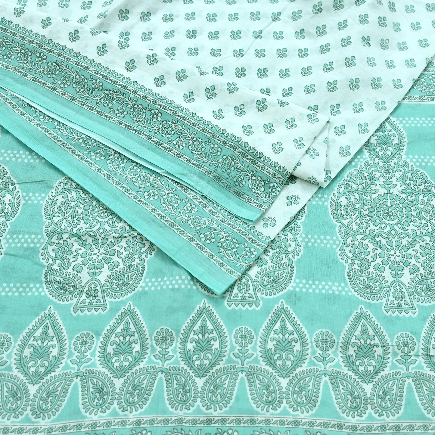 Vintage Floral Print Cotton Sari - Green & White Indian Fabric 5Yd